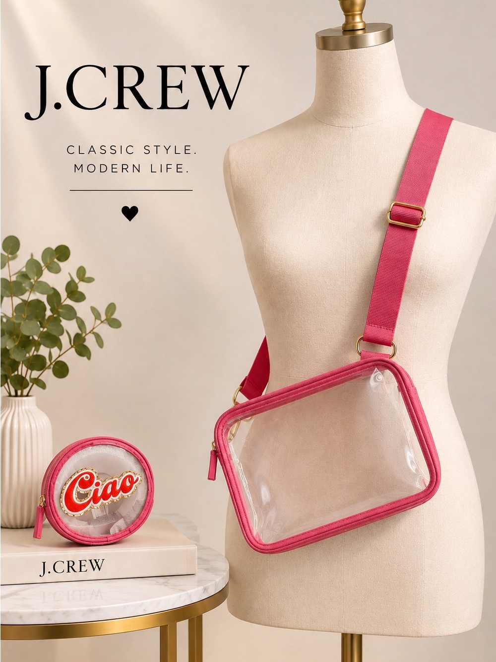 J. Crew Clear Crossbody Bag in Pink with matching round pouch - NWOT